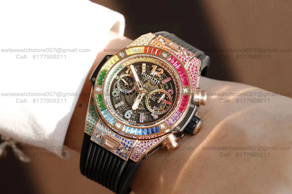 Hublot Big Bang Swiss ETA Unico Rainbow King Gold Diamonds Watch (2) blank